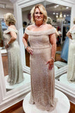 Off the Shoulder Rose Gold Sequins Mother of Bride Dress