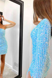 Long Sleeve Fringe Light Blue Mini Homecoming Dress,Pink Bodycon Dresses