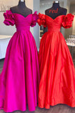 A-Line Ruffle Shoulder Fuchsia Satin Long Formal Dress,Yellow Satin Evening Dresses