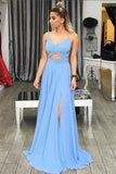 Light Blue A-line Spaghetti Strapes Long Prom Dresses With Side Split