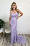 Trumpet Lace Backless Lilac Long Prom Graduation Dress,Mermaid Evening Gowns