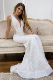 Plunge White Sequined Mermaid Long Prom Dress,Split Evening Gown