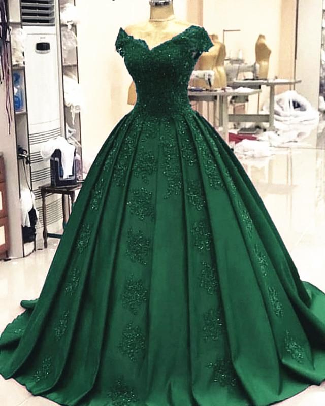 Green Ball Gown Satin Prom Dresses Lace V Neck Formal Dress,Quinceaner ...
