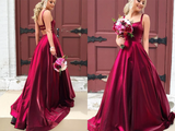 Burgundy A line Long Satin Spaghetti Straps Prom Dresses With Pockets,Sexy Formal Dresses