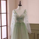 Beautiful Gradient Tulle Green Beaded Long Sleeves Party Dress,Green Formal Dresses