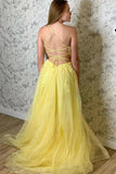 Elegant Yellow Tulle With Lace Appliques Floor Length Long Prom Dress,Party Dress,Evening Dress