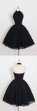 Black Halter Short Sleeve Homecoming Dress,A Line Open Back Short Prom Dresses