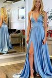 Simple Blue Satin A Line V Neck Spaghetti Straps Prom Dresses with Split