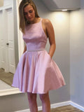 Short Pink Backless Prom Dresses, Open Back Short Pink Graduation Homecoming Dresses