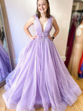 Lilac Tulle Long Prom Dresses,Formal Dresses Long V-neck Formal Evening Dress