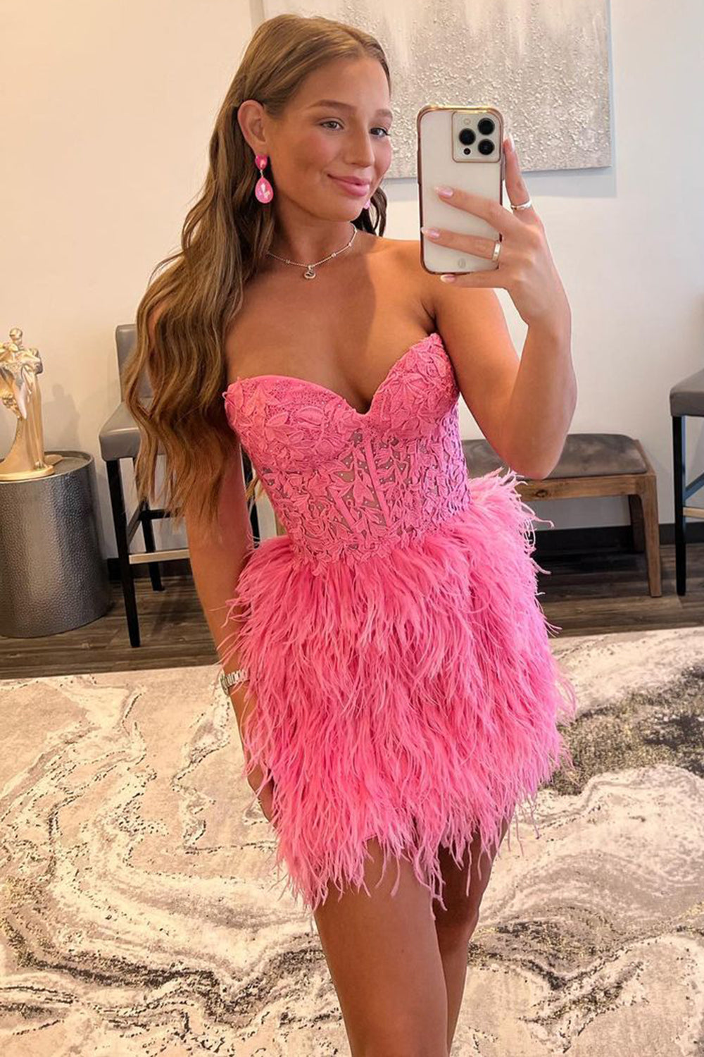 Sheer Pink Feather Short Prom Dress