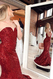 Mermaid Sweetheart Burgundy Sequins Long Prom Dress with Sweep Train