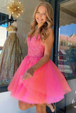 Hot Pink A-Line Tulle Short Homecoming Dress with Lace