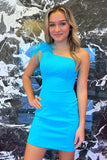 Sheath One Shoulder Blue Short Homecoming Dress with Beading Feathers