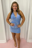 Sparkly Bodycon Halter Neck Blue Sequins Short Homecoming Dress