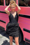 Black Sequins Tight Homecoming Dress with Feathers