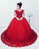 Beaded Lace V-neck Off Shoulder Tulle Ball Gowns Quinceanera Dresses,Formal Dress