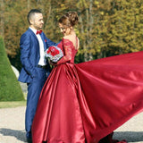 Burgundy Prom Dresses Beaded Lace Sleeves with Satin Skirt