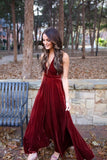 Burgundy Velvet Floor-Length Prom Dress Halter Neck