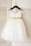 Cap Sleeves Ivory Lace Tulle Flower Girl Dress with Sash