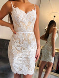 Sheath Spaghetti Straps Above-Knee White Lace Homecoming Dress