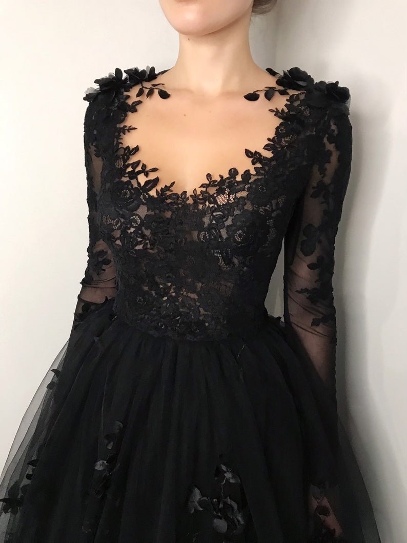 Black Floral Gothic Wedding Dress,Long Sleeve Formal Dress – jkprom
