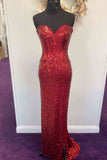 Sparkly Red Sequins Long Prom Dress with Sweep Train,Split Formal Evening Dresses