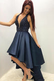 Navy Blue High-low Prom Dress with Beaded Bodice