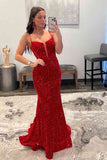 Straps Plunging Neck Navy Sequins Mermaid Prom Dress,Red Evening Gowns