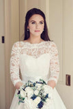 See-through Neckline Lace White Wedding Dresses,3/4 Sleeves Bridal Gown