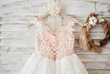 Cap Sleeves Ivory Lace Tulle Hi Low Wedding Party Flower Girl Dress Beading Waist