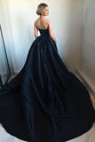 Sweetheart Satin Black Ball Gown Prom Dress with Chapel Train