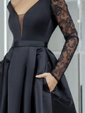 V Neck Long Sleeves Black Lace Long Prom Dresses,High Low Black Formal Dresses